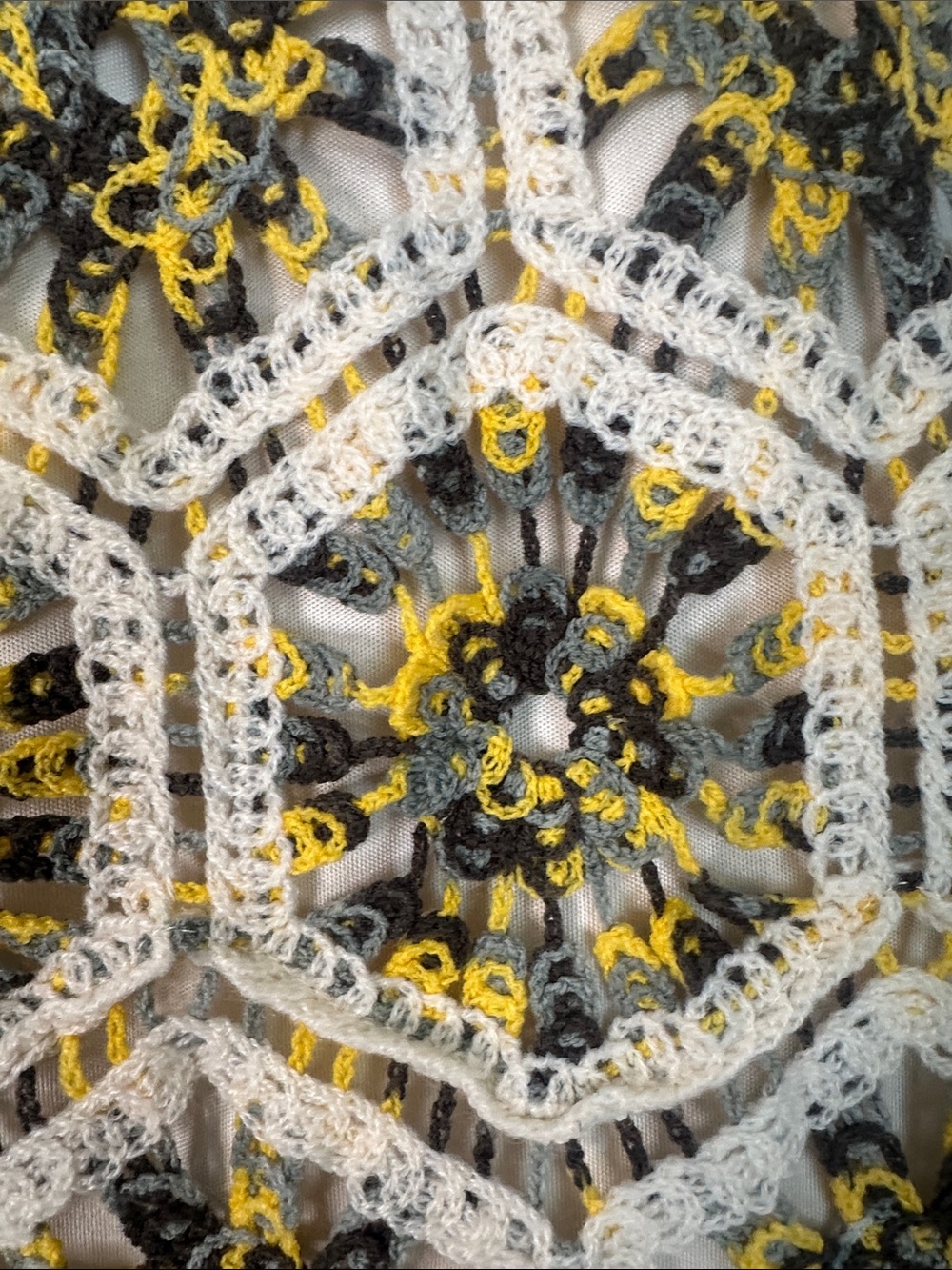 Bohemian Yellow, Cream, and Gray Crochet Miniskirt with Lining, Large - Picture 3 of 4